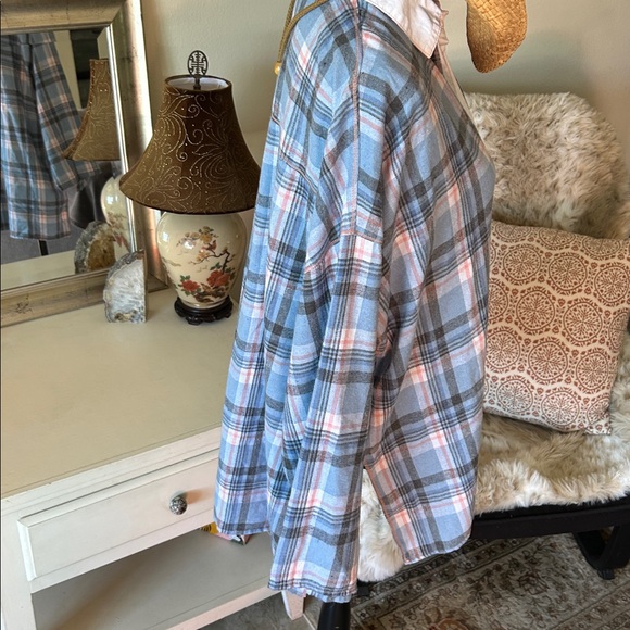 FP Sunday morning, sleep shirt, light blue flannel pop over polo collared top S - Picture 8 of 15